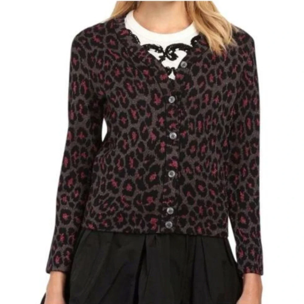 Marc by Marc Jacobs Pink Metallic Leopard Print Wool Blend Cardigan Sweater S XS